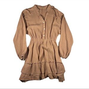 Women’s Swing Mini Dress S Long Lantern Sleeve V Neck Button Down Tiered Ruffle